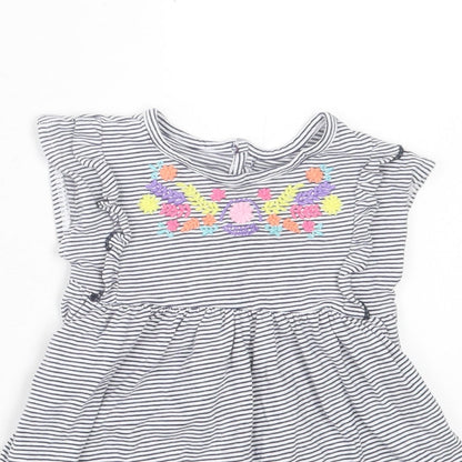 Dunnes Stores Girls White Striped Cotton A-Line Size 12-18 Months Crew Neck Button - Floral Detail
