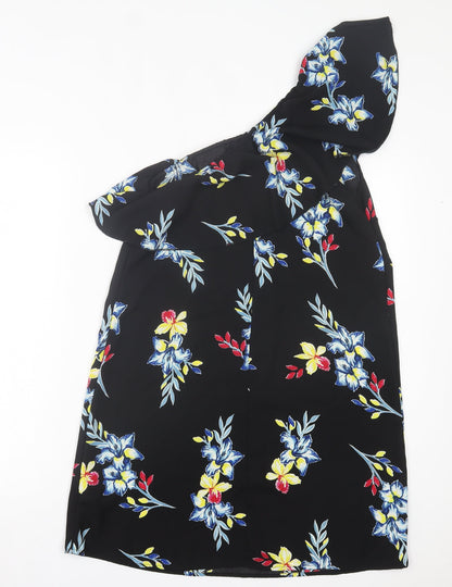 New Look Womens Black Floral Polyester A-Line Size 10 One Shoulder Pullover