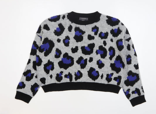 Primark Womens Grey Round Neck Animal Print Acrylic Pullover Jumper Size 10 - Leopard Print