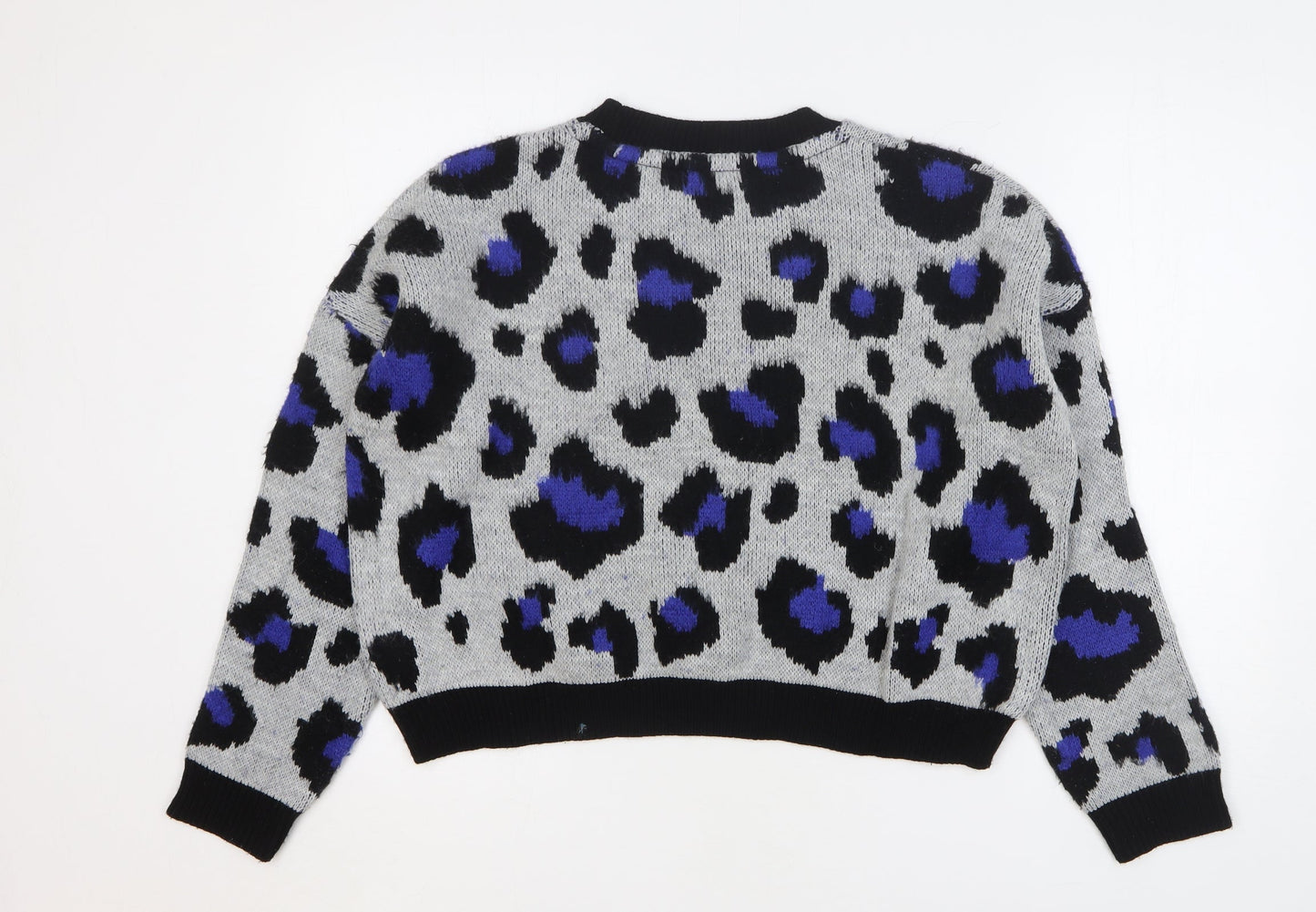 Primark Womens Grey Round Neck Animal Print Acrylic Pullover Jumper Size 10 - Leopard Print