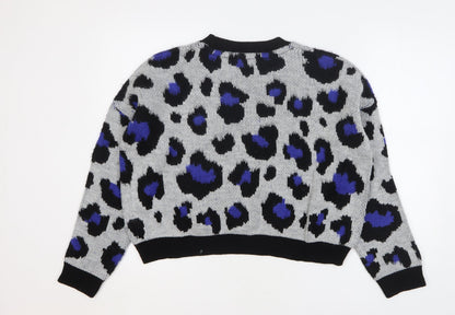 Primark Womens Grey Round Neck Animal Print Acrylic Pullover Jumper Size 10 - Leopard Print