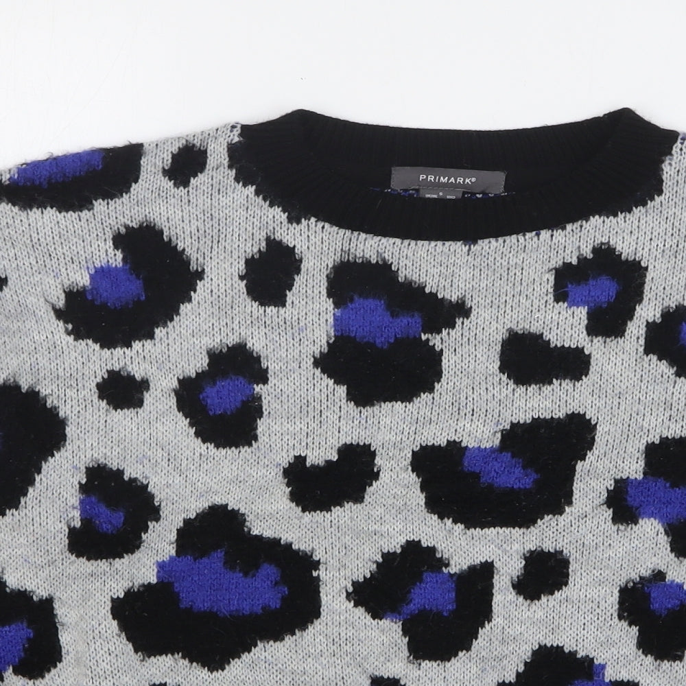 Primark Womens Grey Round Neck Animal Print Acrylic Pullover Jumper Size 10 - Leopard Print