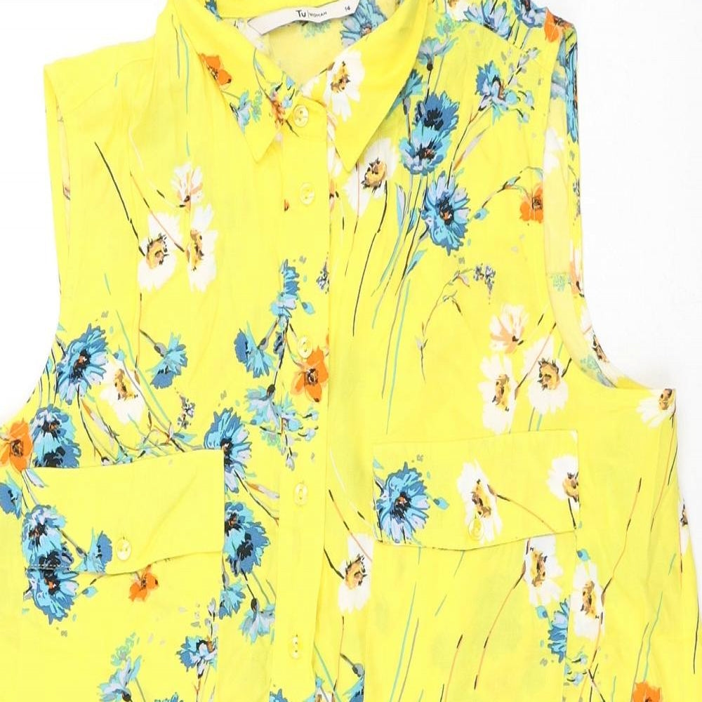 TU Womens Yellow Floral Viscose Camisole Button-Up Size 14 Collared - Flowers