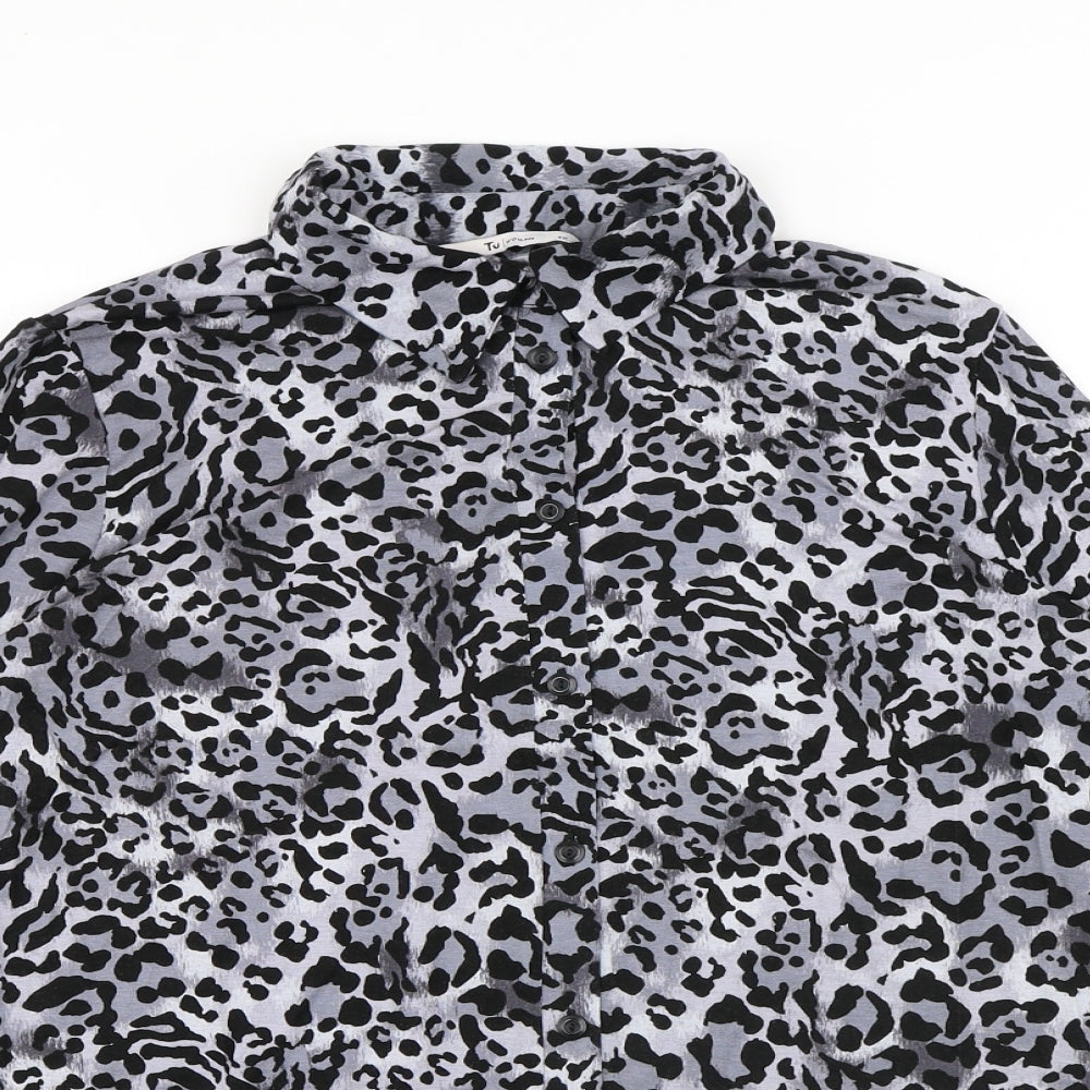 TU Womens Grey Animal Print Viscose Basic Button-Up Size 12 Collared - Leopard Print
