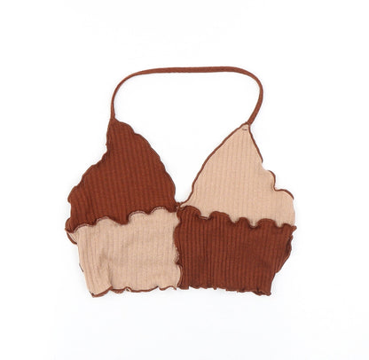 SheIn Womens Brown Colourblock Polyester Cropped Tank Size M V-Neck