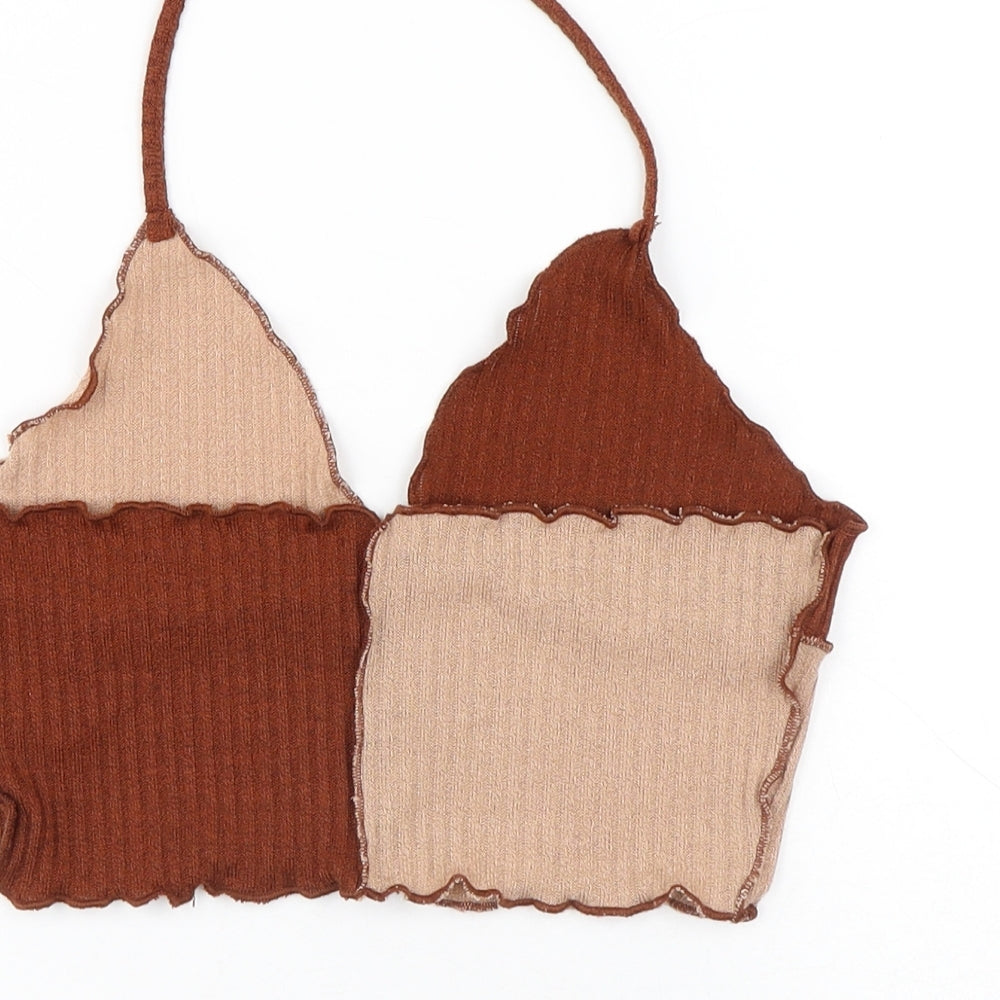 SheIn Womens Brown Colourblock Polyester Cropped Tank Size M V-Neck