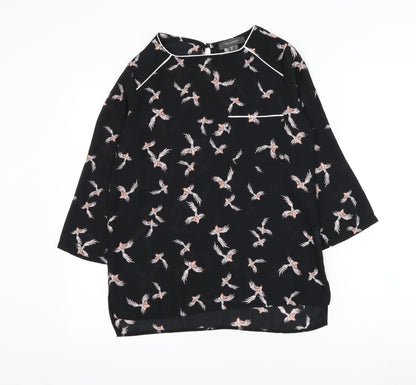 Primark Womens Black Geometric Polyester Basic Blouse Size 6 Round Neck - Bird