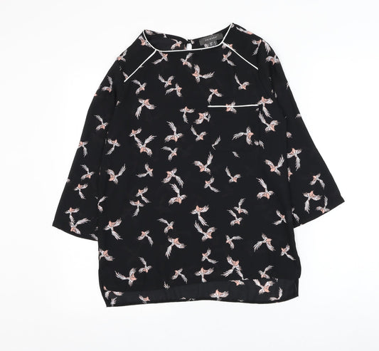 Primark Womens Black Geometric Polyester Basic Blouse Size 6 Round Neck - Bird