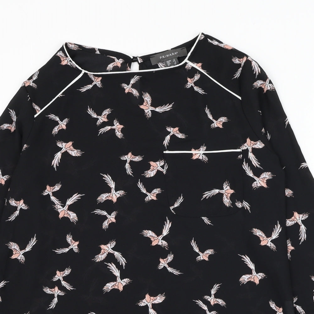 Primark Womens Black Geometric Polyester Basic Blouse Size 6 Round Neck - Bird