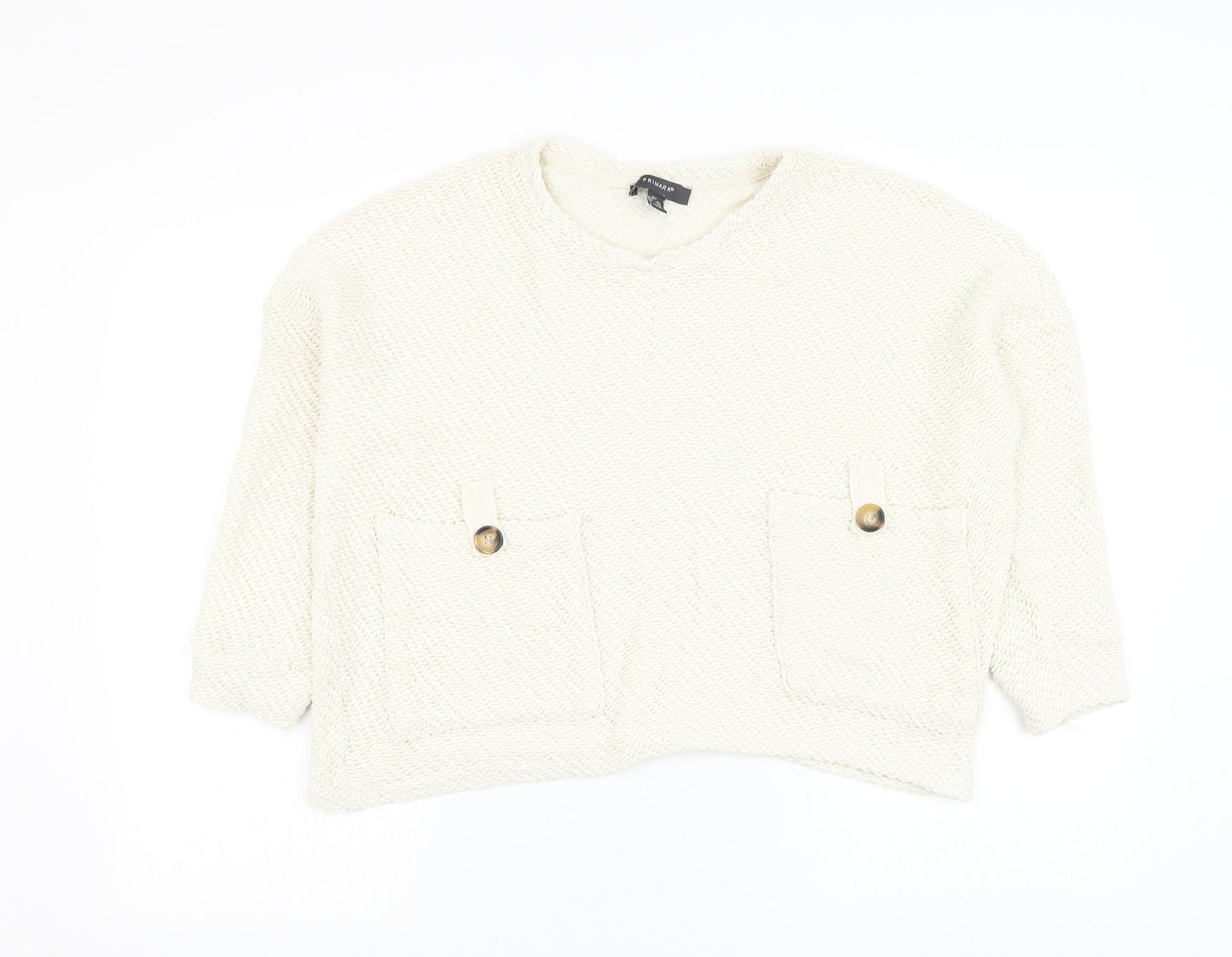 Primark Womens White Round Neck Cotton Pullover Jumper Size 4