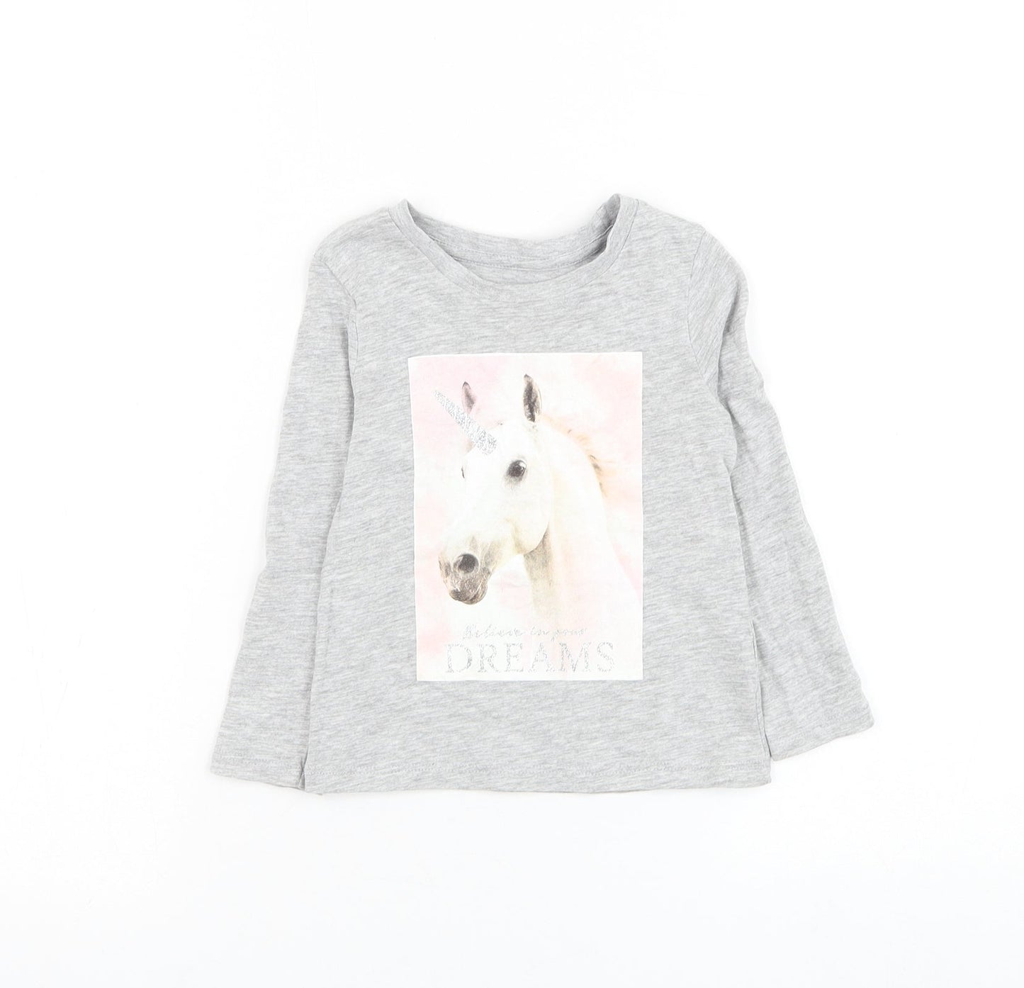 Dunnes Stores Girls Grey Cotton Basic T-Shirt Size 2-3 Years Round Neck Pullover - Unicorn