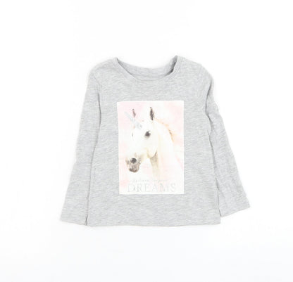 Dunnes Stores Girls Grey Cotton Basic T-Shirt Size 2-3 Years Round Neck Pullover - Unicorn