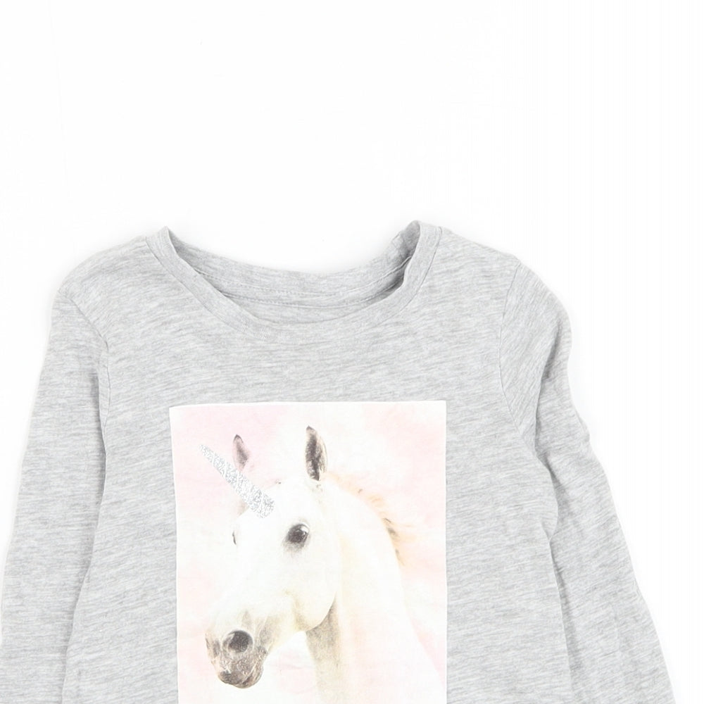 Dunnes Stores Girls Grey Cotton Basic T-Shirt Size 2-3 Years Round Neck Pullover - Unicorn