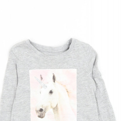 Dunnes Stores Girls Grey Cotton Basic T-Shirt Size 2-3 Years Round Neck Pullover - Unicorn
