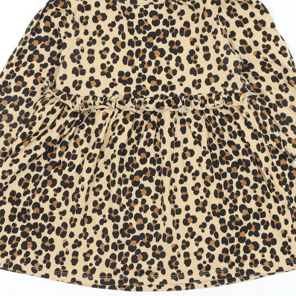 Gap Girls Brown Animal Print Cotton Skater Dress Size 2 Years Round Neck Pullover
