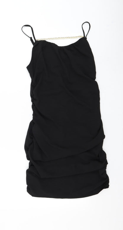 NaaNaa Womens Black Polyester Mini Size 12 Round Neck Pullover - Chain Detail Ruched Sides