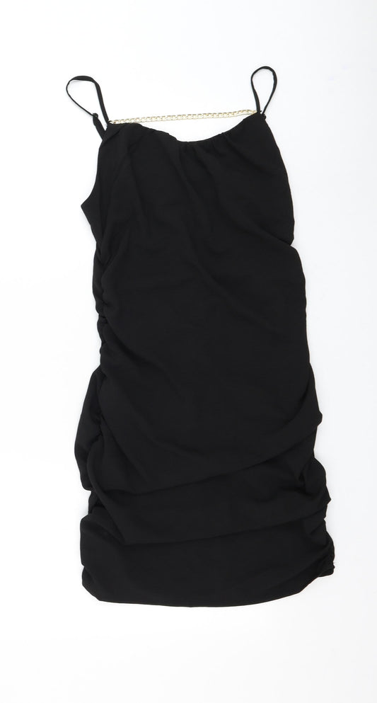 NaaNaa Womens Black Polyester Mini Size 12 Round Neck Pullover - Chain Detail Ruched Sides