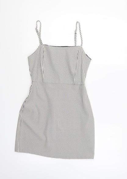 Pull&Bear Womens Grey Striped Polyester A-Line Size S Square Neck Zip