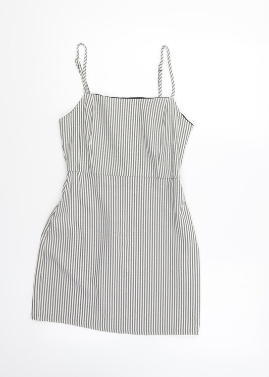 Pull&Bear Womens Grey Striped Polyester A-Line Size S Square Neck Zip