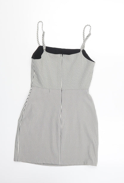 Pull&Bear Womens Grey Striped Polyester A-Line Size S Square Neck Zip