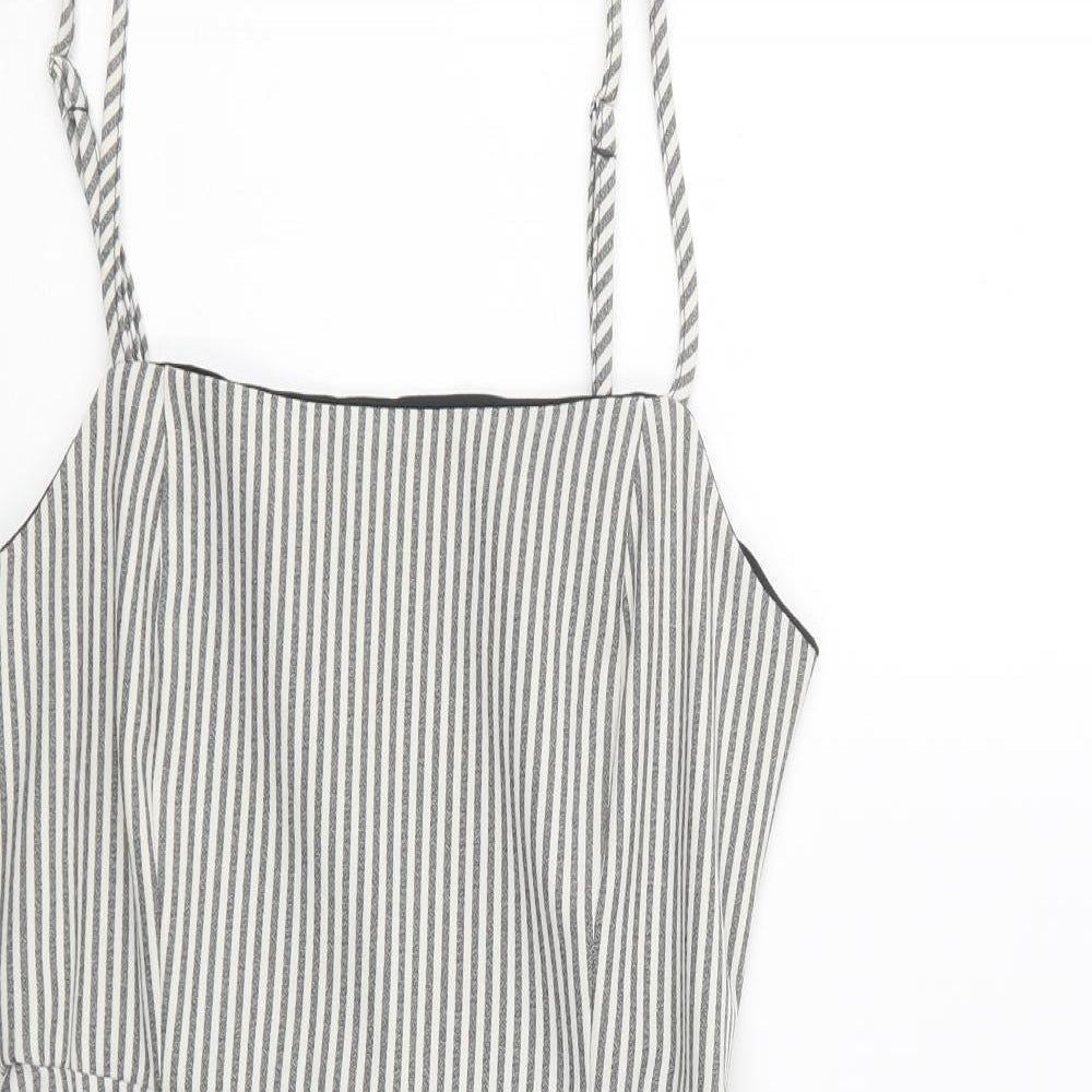 Pull&Bear Womens Grey Striped Polyester A-Line Size S Square Neck Zip