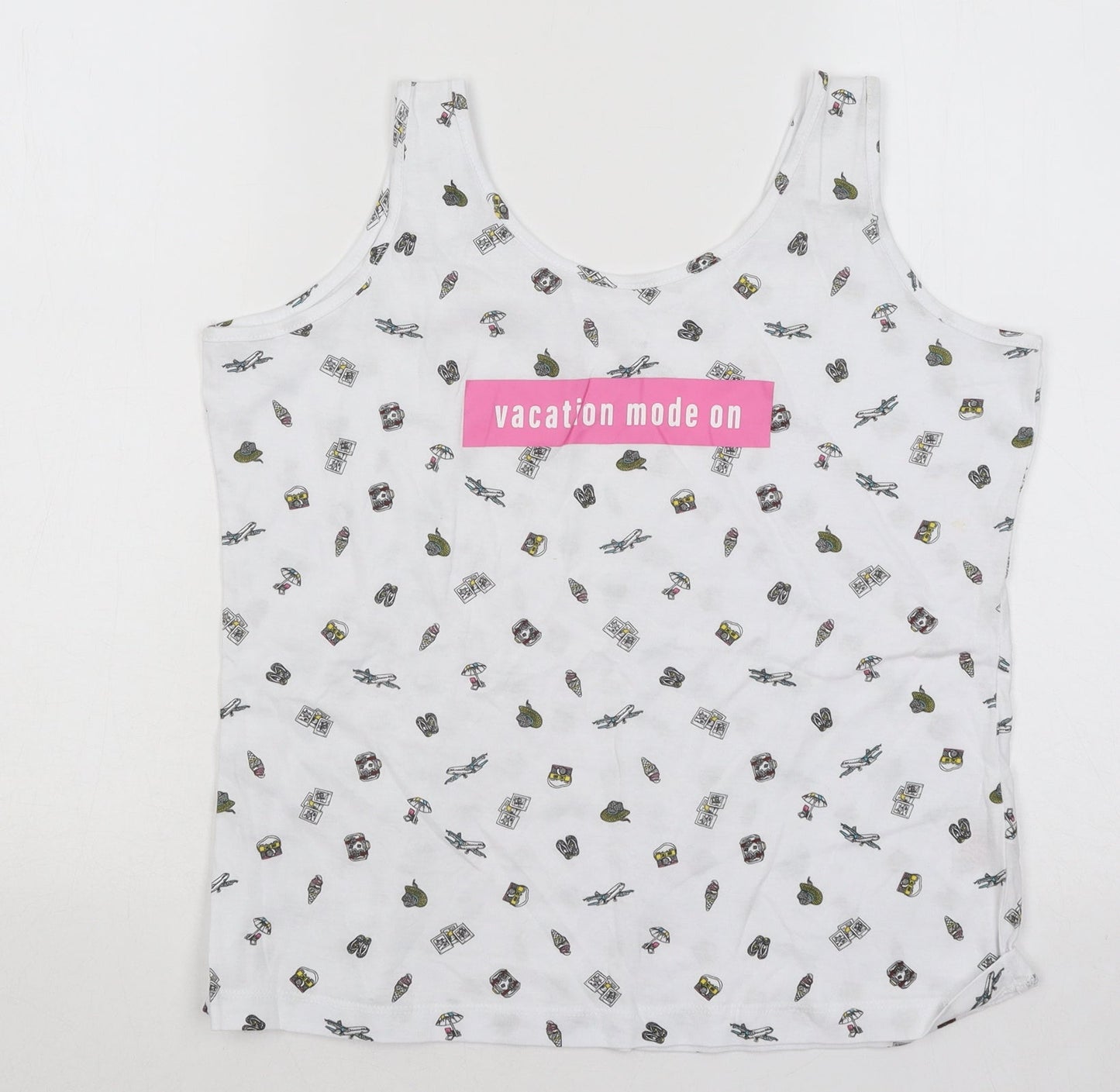 Primark Womens White Geometric Cotton Basic Tank Size 10 Round Neck - Vacation Mode On