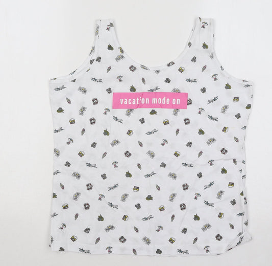 Primark Womens White Geometric Cotton Basic Tank Size 10 Round Neck - Vacation Mode On