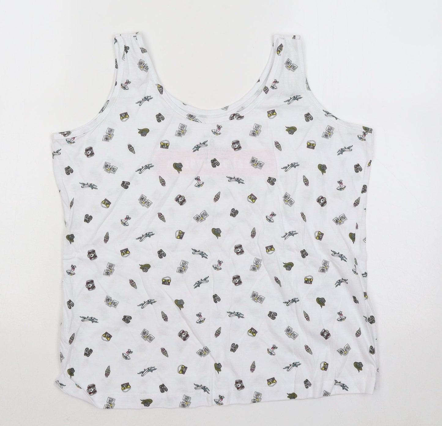 Primark Womens White Geometric Cotton Basic Tank Size 10 Round Neck - Vacation Mode On