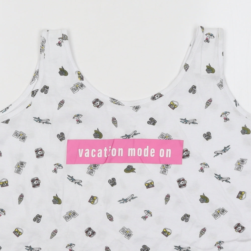 Primark Womens White Geometric Cotton Basic Tank Size 10 Round Neck - Vacation Mode On