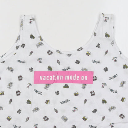 Primark Womens White Geometric Cotton Basic Tank Size 10 Round Neck - Vacation Mode On