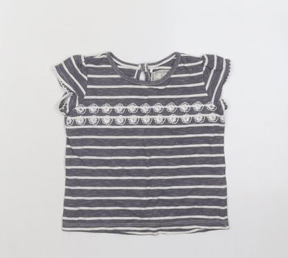 NEXT Girls Grey Striped Cotton Basic T-Shirt Size 9-12 Months Round Neck Button - Flowers