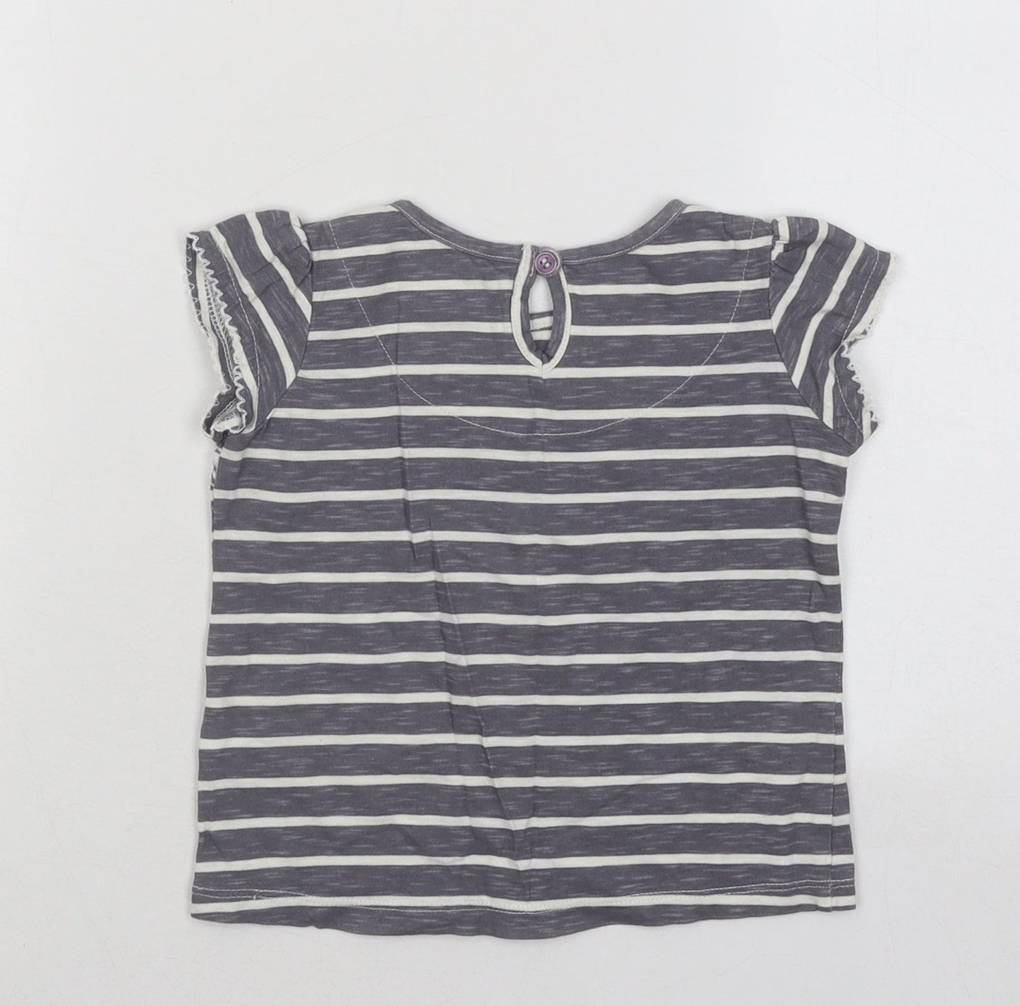 NEXT Girls Grey Striped Cotton Basic T-Shirt Size 9-12 Months Round Neck Button - Flowers