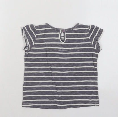 NEXT Girls Grey Striped Cotton Basic T-Shirt Size 9-12 Months Round Neck Button - Flowers