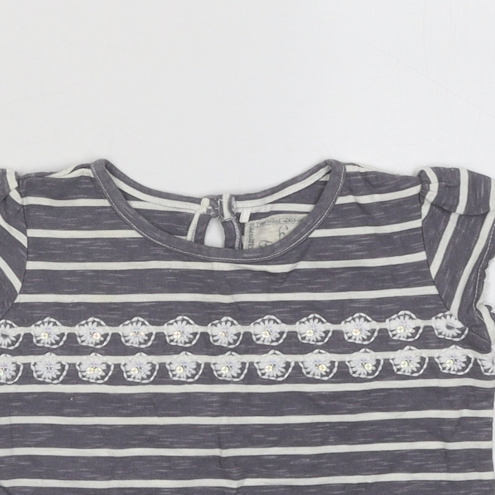 NEXT Girls Grey Striped Cotton Basic T-Shirt Size 9-12 Months Round Neck Button - Flowers