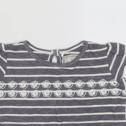 NEXT Girls Grey Striped Cotton Basic T-Shirt Size 9-12 Months Round Neck Button - Flowers