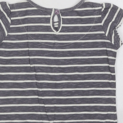 NEXT Girls Grey Striped Cotton Basic T-Shirt Size 9-12 Months Round Neck Button - Flowers