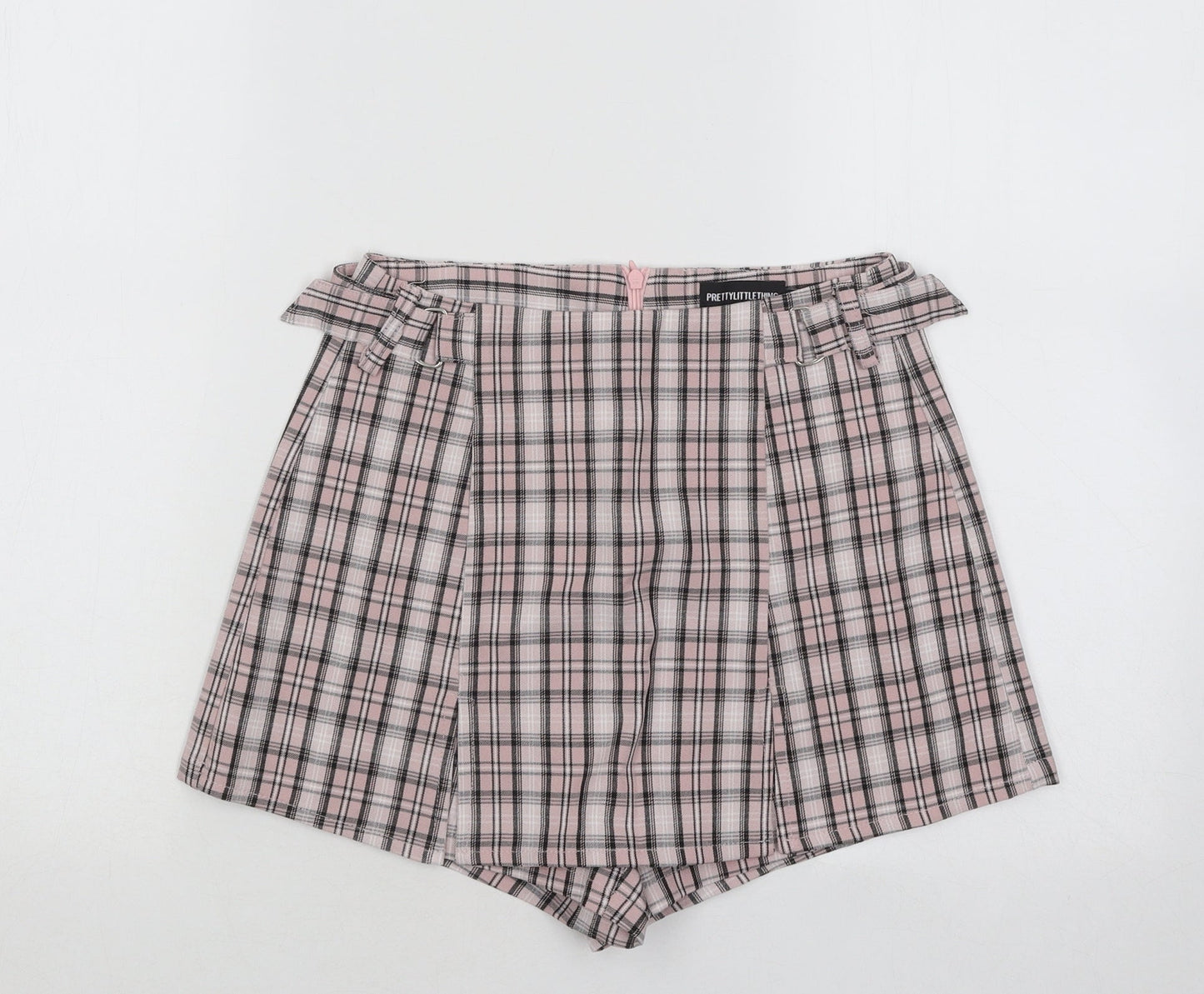 PRETTYLITTLETHING Womens Pink Plaid Cotton Hot Pants Shorts Size 4 Regular Zip