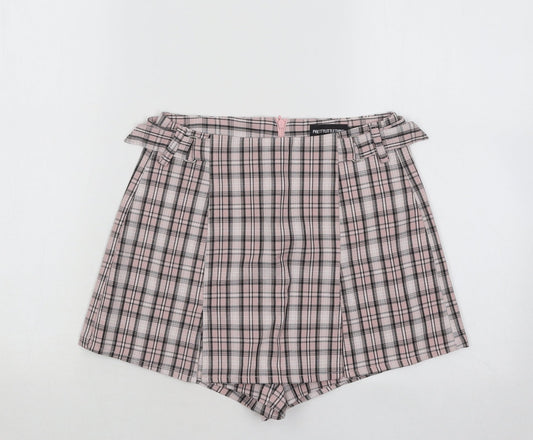 PRETTYLITTLETHING Womens Pink Plaid Cotton Hot Pants Shorts Size 4 Regular Zip