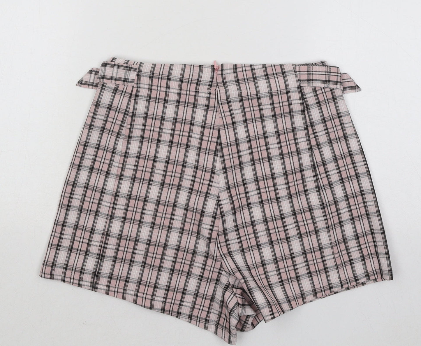 PRETTYLITTLETHING Womens Pink Plaid Cotton Hot Pants Shorts Size 4 Regular Zip