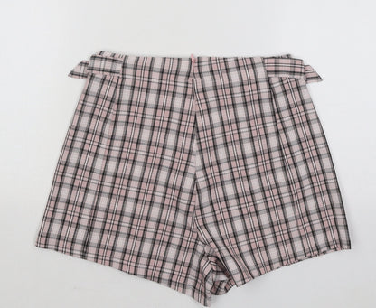PRETTYLITTLETHING Womens Pink Plaid Cotton Hot Pants Shorts Size 4 Regular Zip