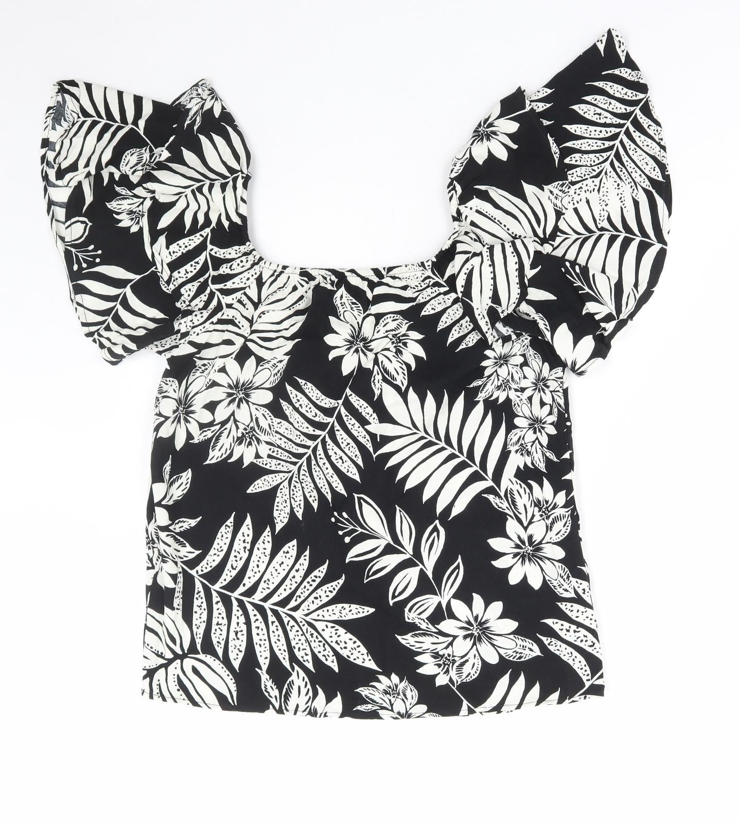 F&F Womens Black Floral Viscose Basic Blouse Size 8 Square Neck