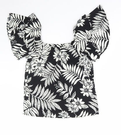 F&F Womens Black Floral Viscose Basic Blouse Size 8 Square Neck