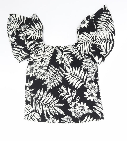 F&F Womens Black Floral Viscose Basic Blouse Size 8 Square Neck