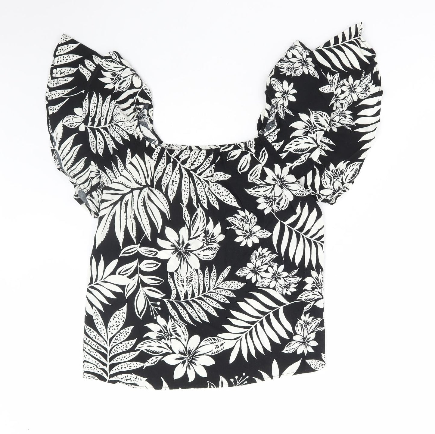 F&F Womens Black Floral Viscose Basic Blouse Size 8 Square Neck