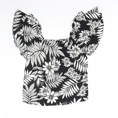 F&F Womens Black Floral Viscose Basic Blouse Size 8 Square Neck