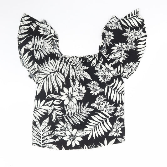 F&F Womens Black Floral Viscose Basic Blouse Size 8 Square Neck