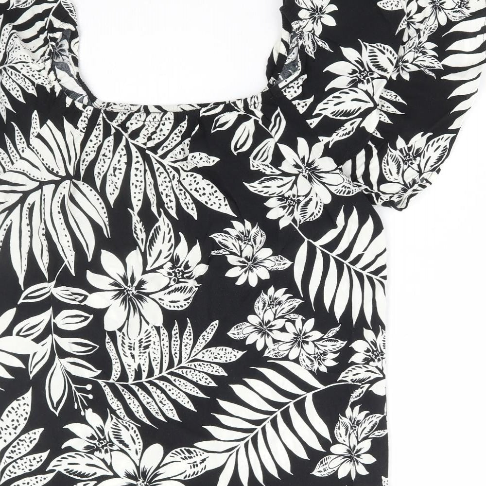 F&F Womens Black Floral Viscose Basic Blouse Size 8 Square Neck