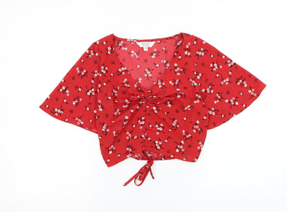 Miss Selfridge Womens Red Floral Polyester Cropped Blouse Size 6 V-Neck