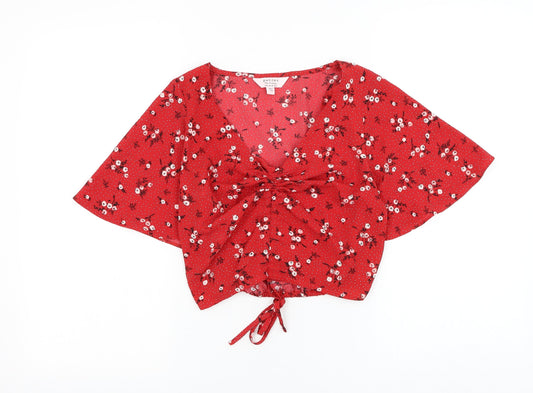 Miss Selfridge Womens Red Floral Polyester Cropped Blouse Size 6 V-Neck