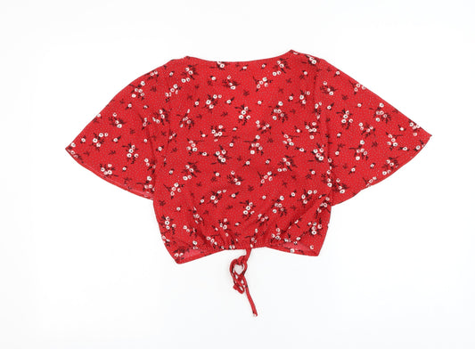 Miss Selfridge Womens Red Floral Polyester Cropped Blouse Size 6 V-Neck